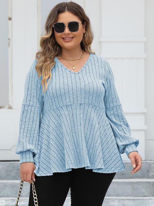 Plus Size Ribbed V-Neck Long Sleeve Blouse BLUE ZONE PLANET