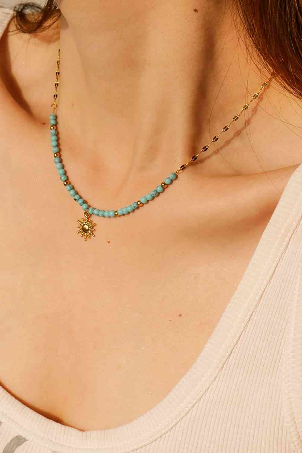 Turquoise Beaded 18K Gold-Plated Sun Shape Pendant Necklace BLUE ZONE PLANET