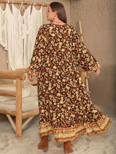 Blue Zone Planet | Plus Size Printed V-Neck Balloon Sleeve Dress BLUE ZONE PLANET