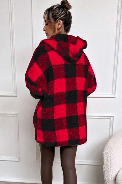 Blue Zone Planet | Double Take Full Size Plaid Long Sleeve Hooded Coat BLUE ZONE PLANET