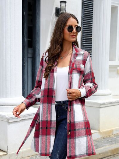 Blue Zone Planet | Plaid Belted Collared Neck Button Up Jacket BLUE ZONE PLANET