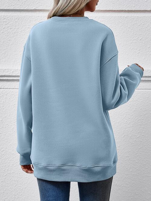 Letter Graphic Round Neck Long Sleeve Sweatshirt BLUE ZONE PLANET
