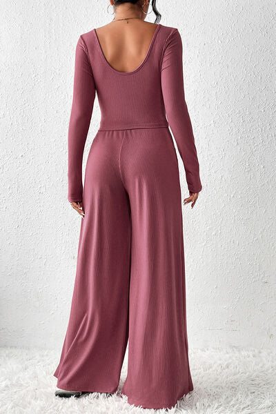 Ribbed Round Neck Top and Wide-Leg Pants Set Trendsi
