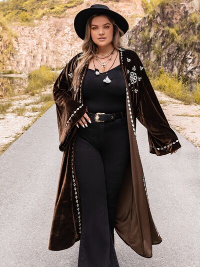 Plus Size Embroidery Open Front Long Sleeve Cardigan BLUE ZONE PLANET