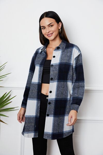 Plaid Button Up Collared Neck Outerwear BLUE ZONE PLANET