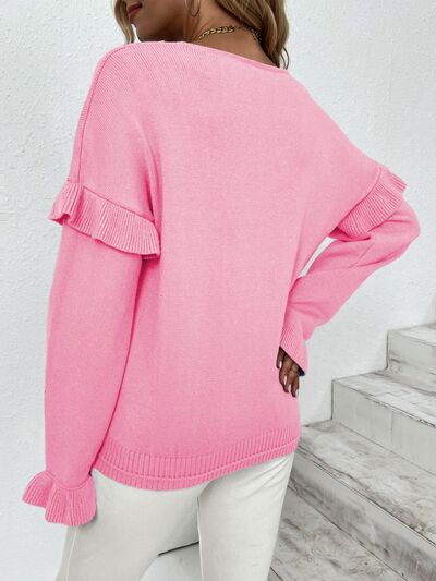 Blue Zone Planet | Ruffled V-Neck Dropped Shoulder Sweater BLUE ZONE PLANET
