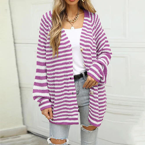 Striped Button Down Long Sleeve Cardigan BLUE ZONE PLANET