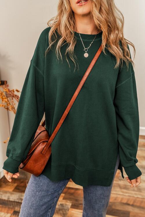 Round Neck Drop Shoulder Slit Sweatshirt BLUE ZONE PLANET