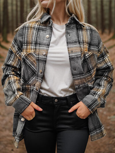 Blue Zone Planet | Plaid Snap Down Long Sleeve Shacket BLUE ZONE PLANET