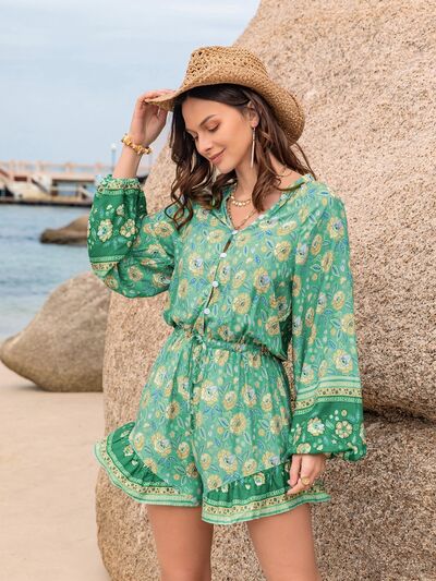 Blue Zone Planet | Printed Ruffled Balloon Sleeve Romper BLUE ZONE PLANET