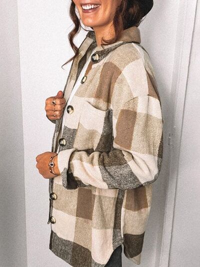 Blue Zone Planet | Plaid Pocketed Dropped Shoulder Button Up Jacket BLUE ZONE PLANET