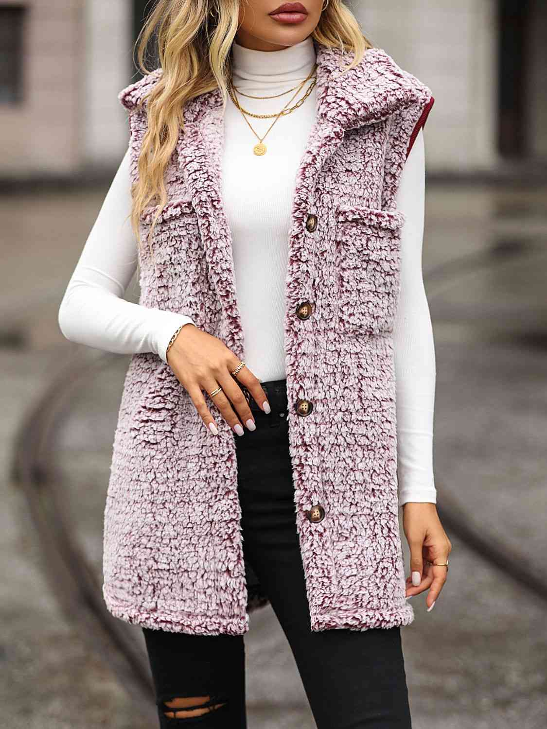 Full Size Button Down Collared Neck Vest BLUE ZONE PLANET