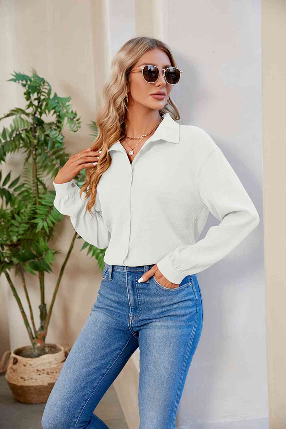 Collared Neck Buttoned Long Sleeve Shirt BLUE ZONE PLANET