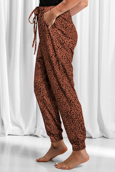 Blue Zone Planet | Full Size Leopard Drawstring Pocketed Pants BLUE ZONE PLANET