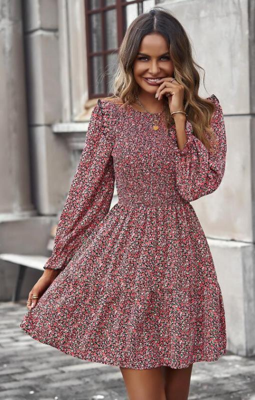 Round neck floral dress spring and summer long-sleeved all-match A-line skirt BLUE ZONE PLANET
