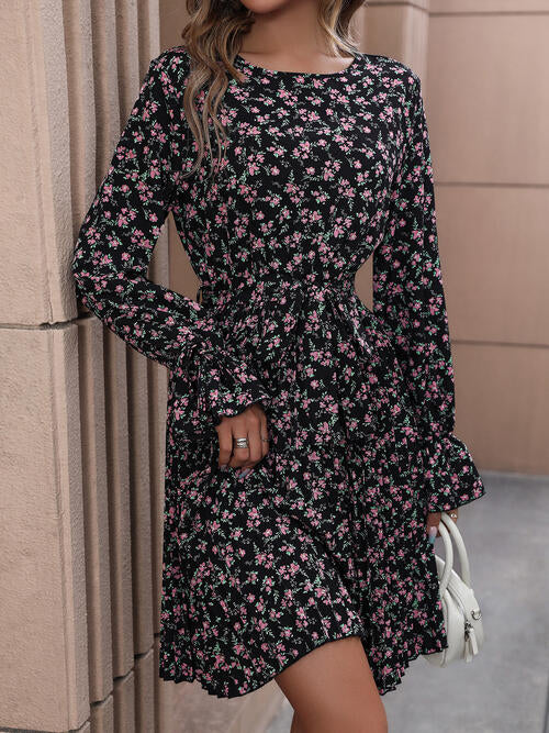 Floral Tie Front Long Sleeve Dress BLUE ZONE PLANET