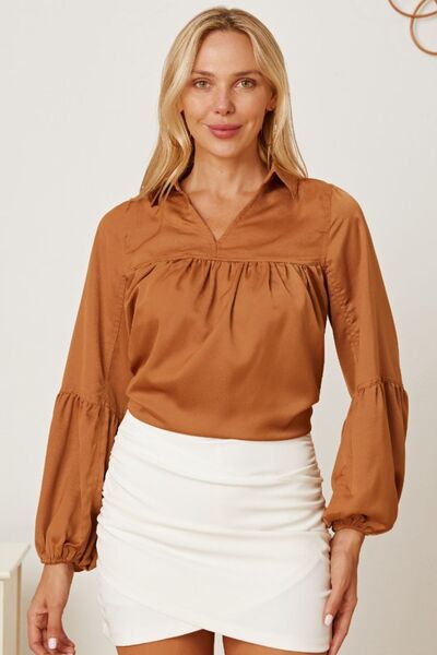 Balloon Sleeve Collared Neck Blouse Trendsi