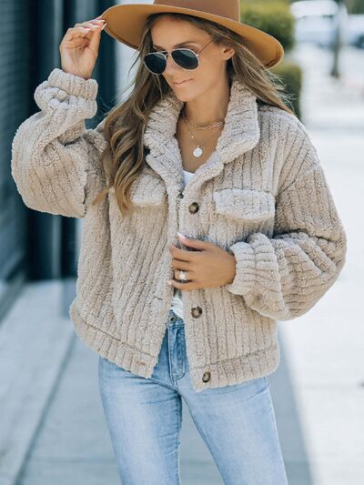 Fuzzy Button Up Collared Neck Jacket BLUE ZONE PLANET