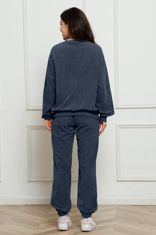Round Neck Sweatshirt and Sweatpants Set BLUE ZONE PLANET