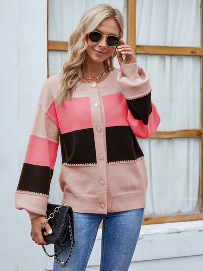 Blue Zone Planet | Color Block Button Up Lantern Sleeve Cardigan BLUE ZONE PLANET