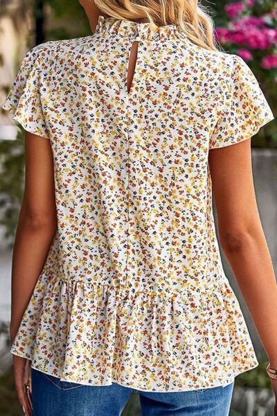 Blue Zone Planet | Ditsy Floral Peplum Short Sleeve Blouse BLUE ZONE PLANET