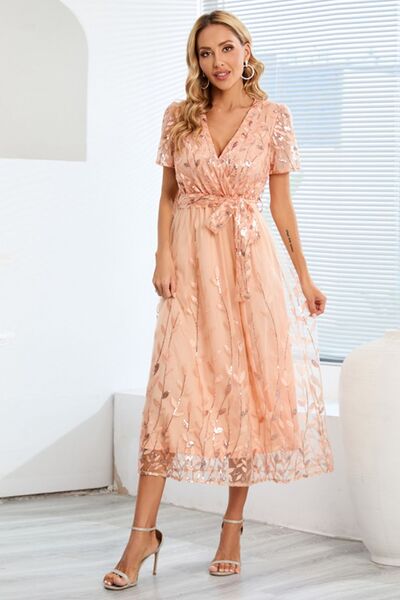 Blue Zone Planet |  Sequin Leaf Embroidery Tie Front Short Sleeve Dress BLUE ZONE PLANET