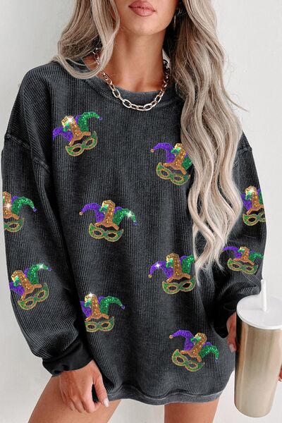 Blue Zone Planet | Printed Sequin Round Neck Dropped Shoulder Sweatshirt BLUE ZONE PLANET