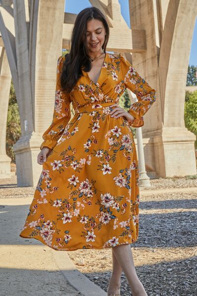 Double Take Full Size Floral Tie Back Flounce Sleeve Dress BLUE ZONE PLANET