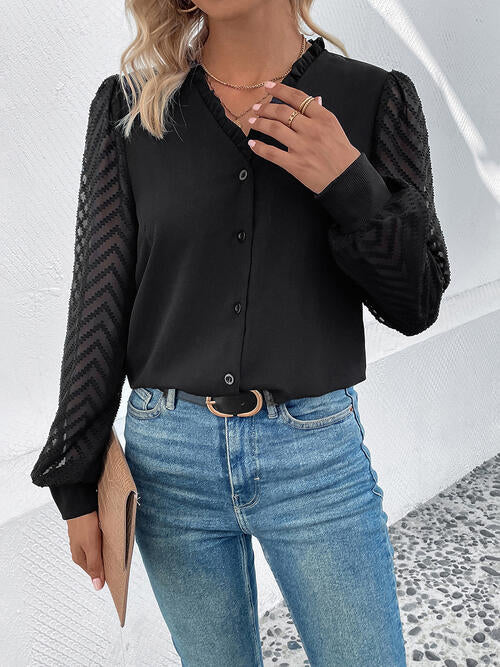 Mesh V-Neck Button Front Blouse BLUE ZONE PLANET