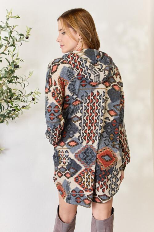 Heimish Full Size Printed Button Up Hooded Jacket BLUE ZONE PLANET