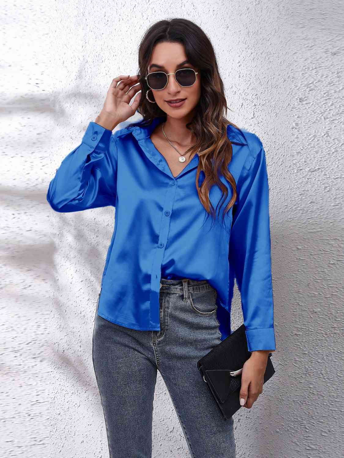 Collared Neck Buttoned Long Sleeve Shirt BLUE ZONE PLANET