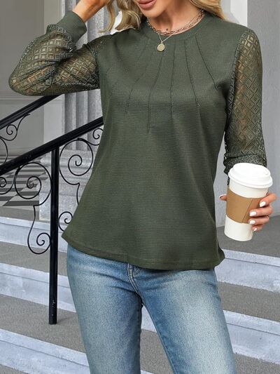 Waffle-Knit Round Neck Long Sleeve Blouse BLUE ZONE PLANET