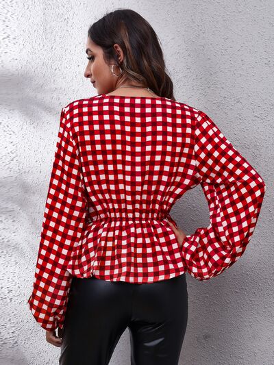 Plaid V-Neck Balloon Sleeve Peplum Blouse BLUE ZONE PLANET