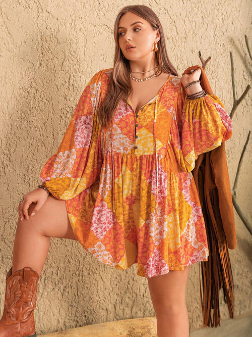 Plus Size Floral Tie Neck Balloon Sleeve Romper BLUE ZONE PLANET