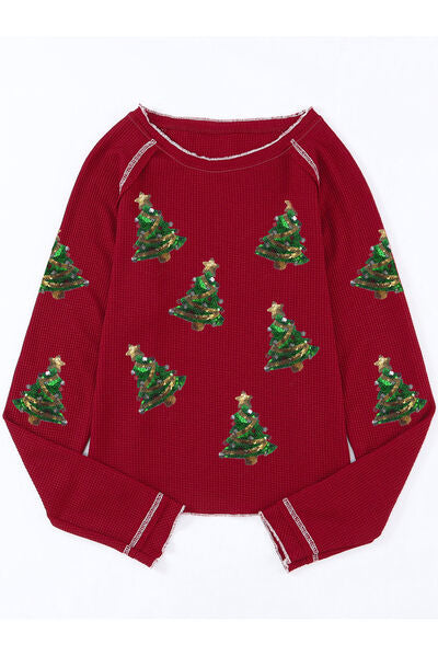Blue Zone Planet | Christmas Tree Sequin Waffle Knit Long Sleeve Sweatshirt BLUE ZONE PLANET