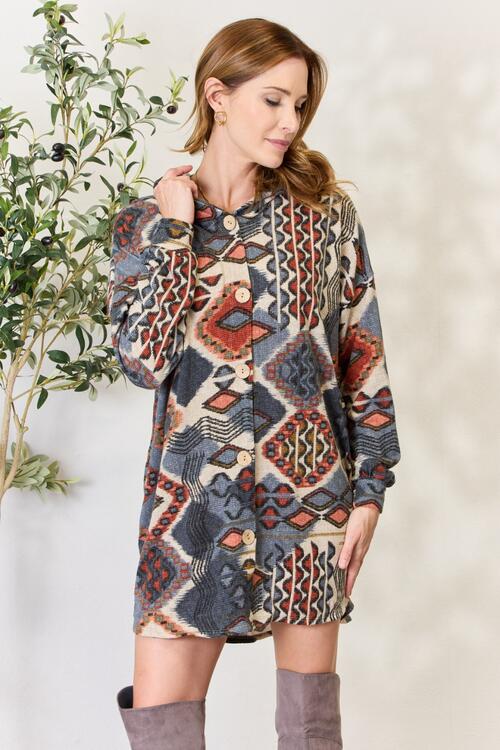 Heimish Full Size Printed Button Up Hooded Jacket BLUE ZONE PLANET