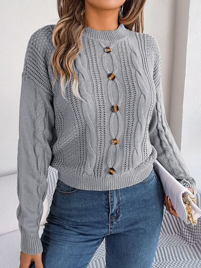 Blue Zone Planet | Cable-Knit Buttoned Round Neck Sweater BLUE ZONE PLANET