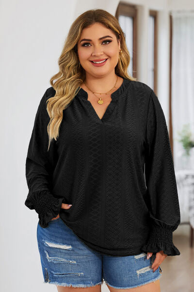 Blue Zone Planet | Plus Size Eyelet Notched Flounce Sleeve Blouse BLUE ZONE PLANET