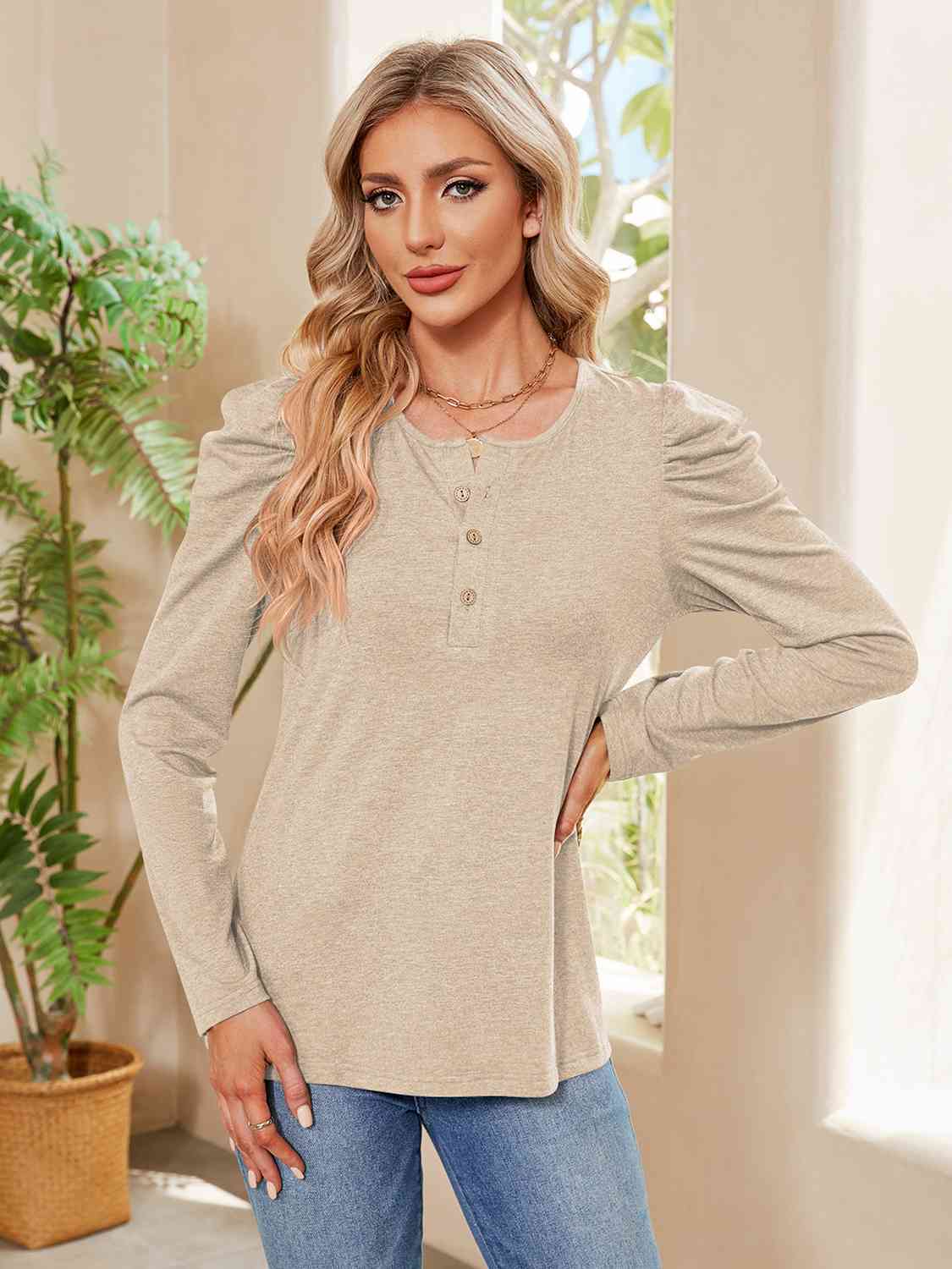 Buttoned Round Neck Puff Sleeve T-Shirt BLUE ZONE PLANET