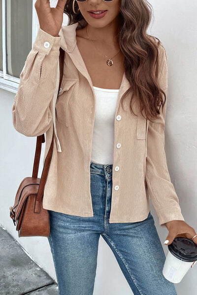Ribbed Button Up Drawstring Hooded Jacket BLUE ZONE PLANET