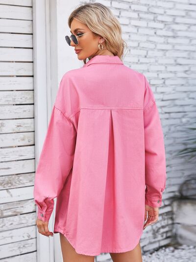 Pocketed Snap Down Dropped Shoulder Denim Shacket Trendsi