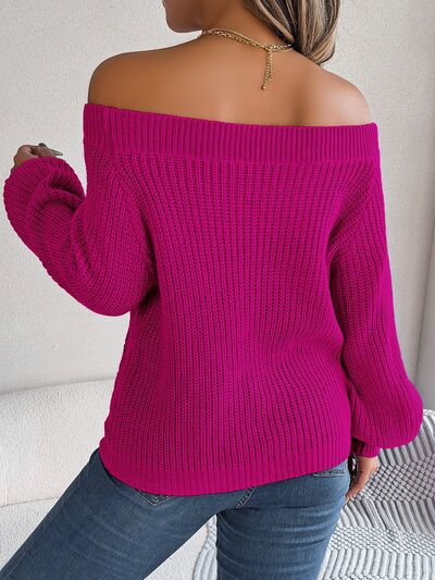 Blue Zone Planet | Openwork Off-Shoulder Long Sleeve Sweater BLUE ZONE PLANET