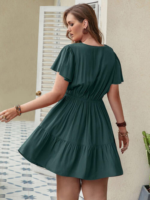 Double Take Plus Size Ruffle Hem V-Neck Short Sleeve Dress BLUE ZONE PLANET
