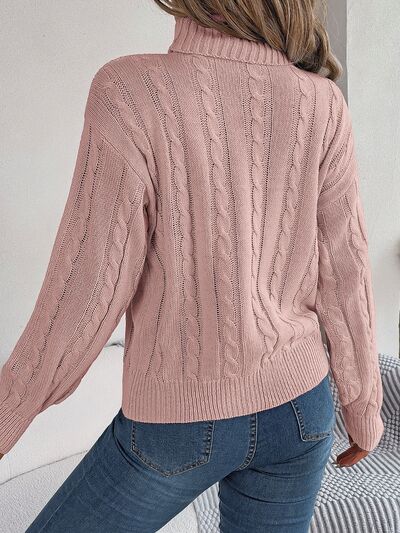 Blue Zone Planet | Cable-Knit Turtleneck Dropped Shoulder Sweater BLUE ZONE PLANET