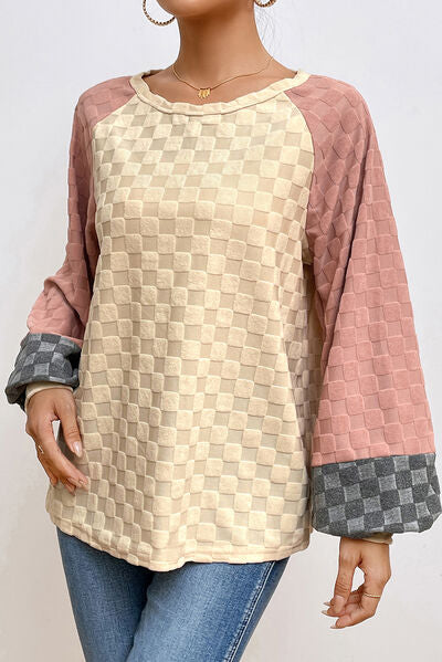 Blue Zone Planet | Checkered Contrast Round Neck Long Sleeve T-Shirt BLUE ZONE PLANET