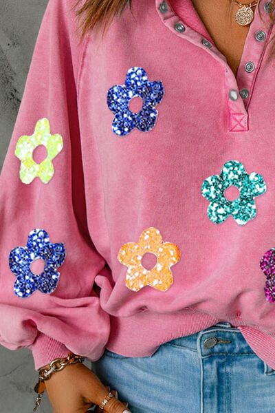 Sequin Flower Half Snap Lantern Sleeve Sweatshirt BLUE ZONE PLANET