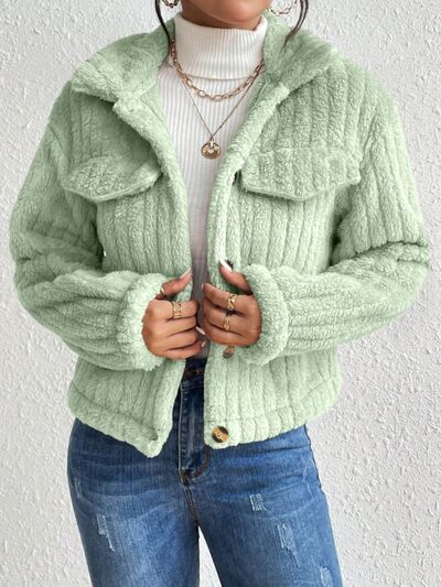 Blue Zone Planet | Fuzzy Button Up Collared Neck Jacket BLUE ZONE PLANET