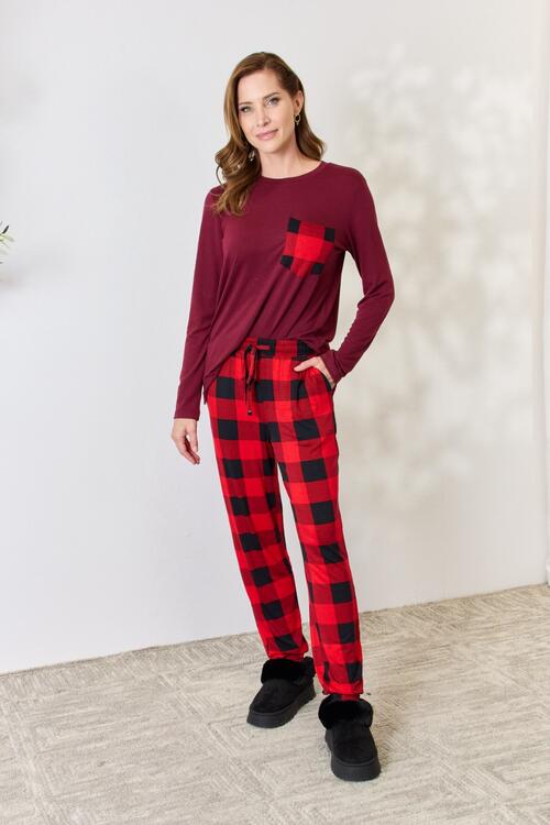Zenana Full Size Plaid Round Neck Top and Pants Pajama Set BLUE ZONE PLANET