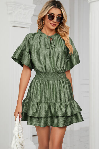 Smocked Tie Neck Flounce Sleeve Dress BLUE ZONE PLANET