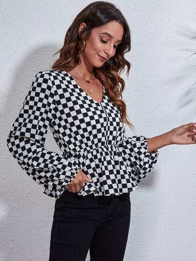 Checkered V-Neck Balloon Sleeve Peplum Blouse BLUE ZONE PLANET